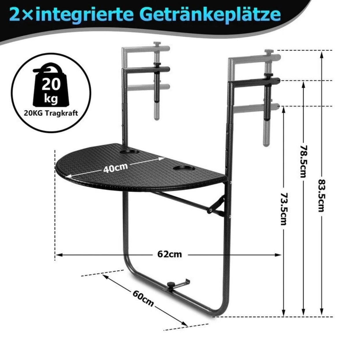 Balkontisch Balkongeländer Klappbar Hängetisch 60x40cm Tisch