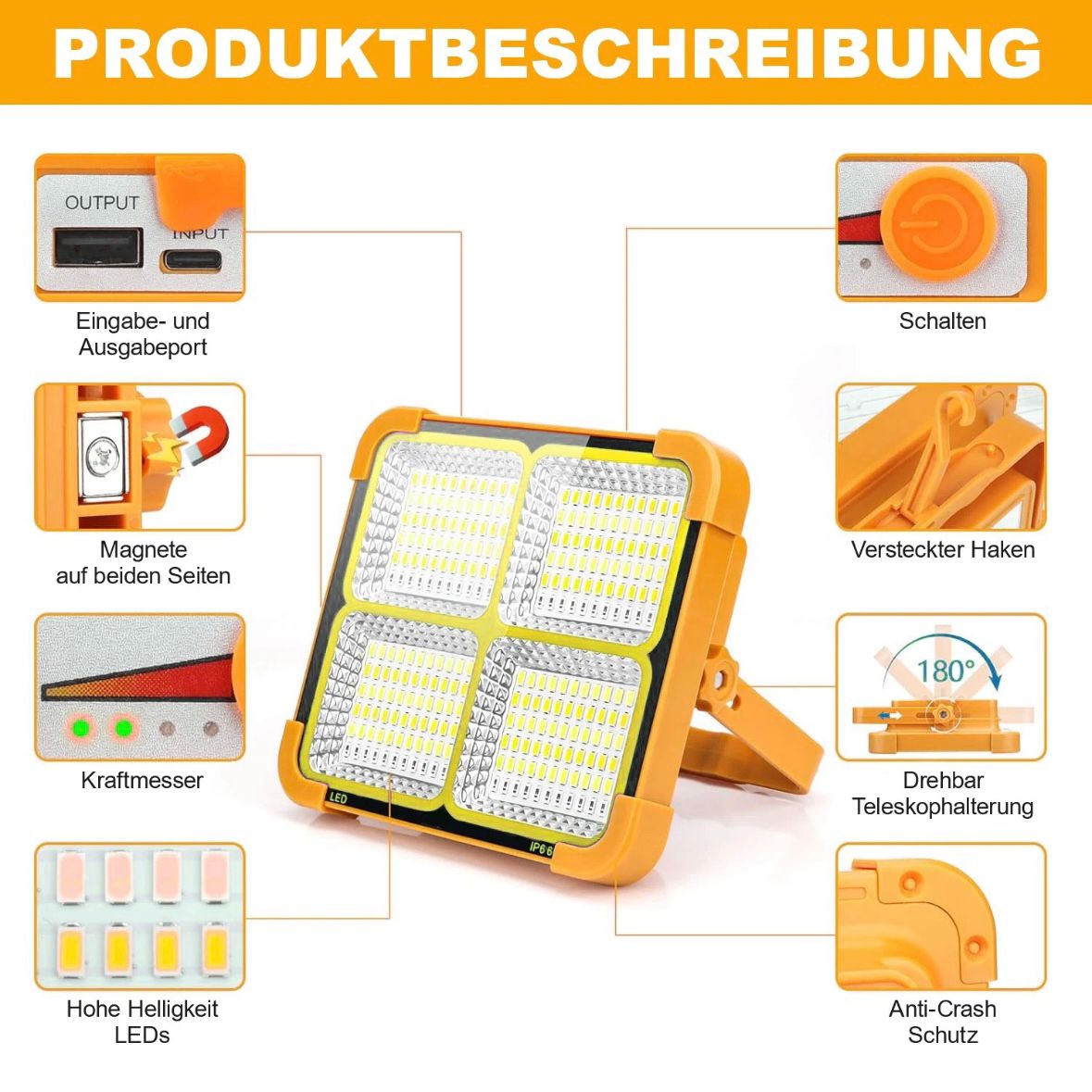 2x LED Solar Arbeitsleuchte Akku Aufladbar Baustrahler Flutlicht
