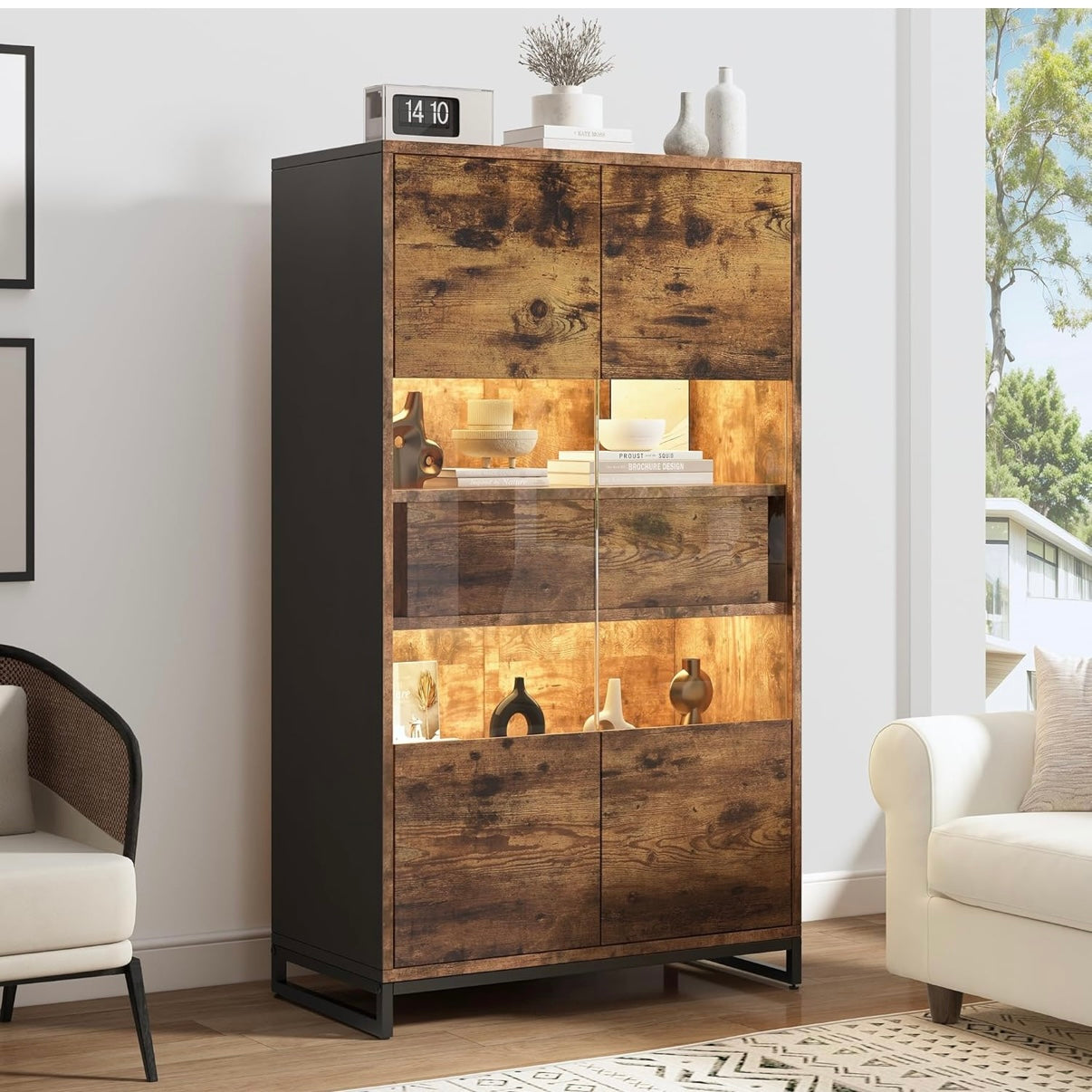 Antike Vitrine LED Vitrine Glasvitrine Regal Möbel Wohnzimmer