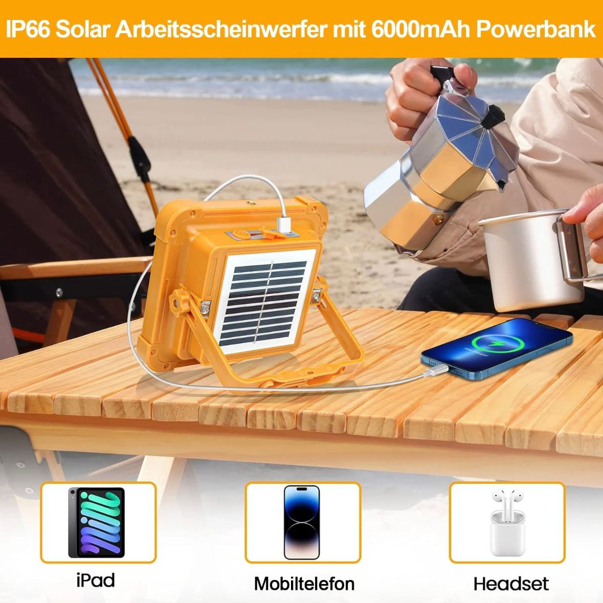 2x LED Solar Arbeitsleuchte Akku Aufladbar Baustrahler Flutlicht