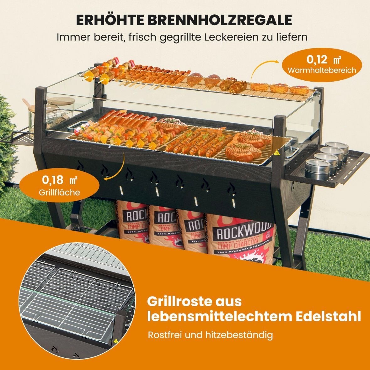 Holzkohlegrill Würzregalen Grillwagen Campinggrill BBQ Edelstahl Grill