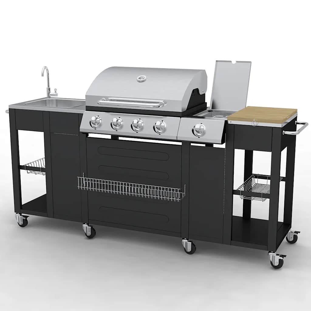 Gasgrill 4+1 Brenner Schwarz 204cm Grillwagen Seitenkocher