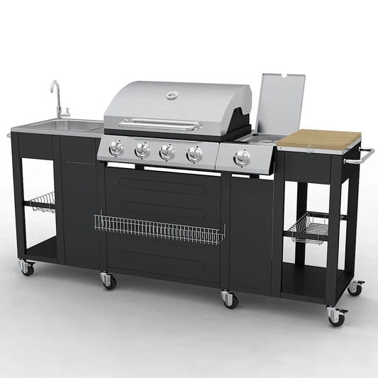 Gasgrill 4+1 Brenner Schwarz 204cm Grillwagen Seitenkocher