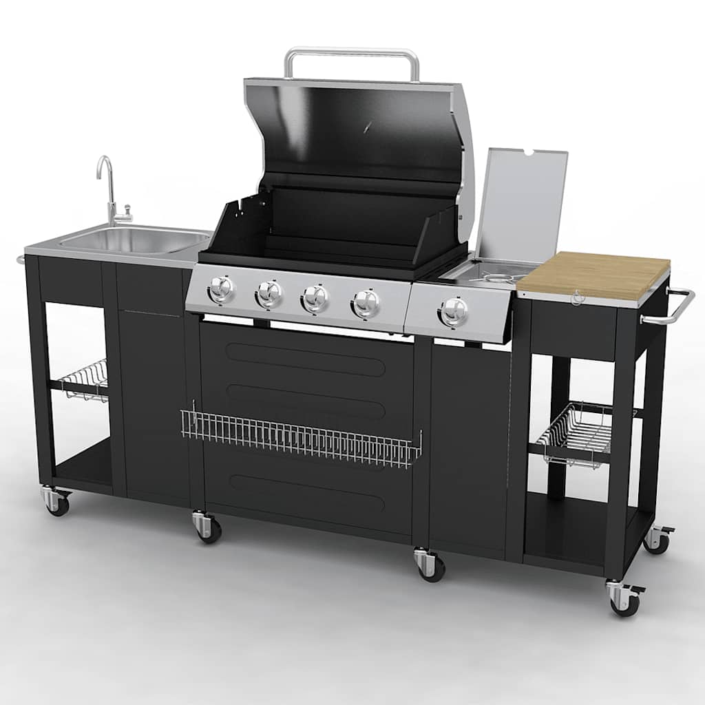 Gasgrill 4+1 Brenner Schwarz 204cm Grillwagen Seitenkocher