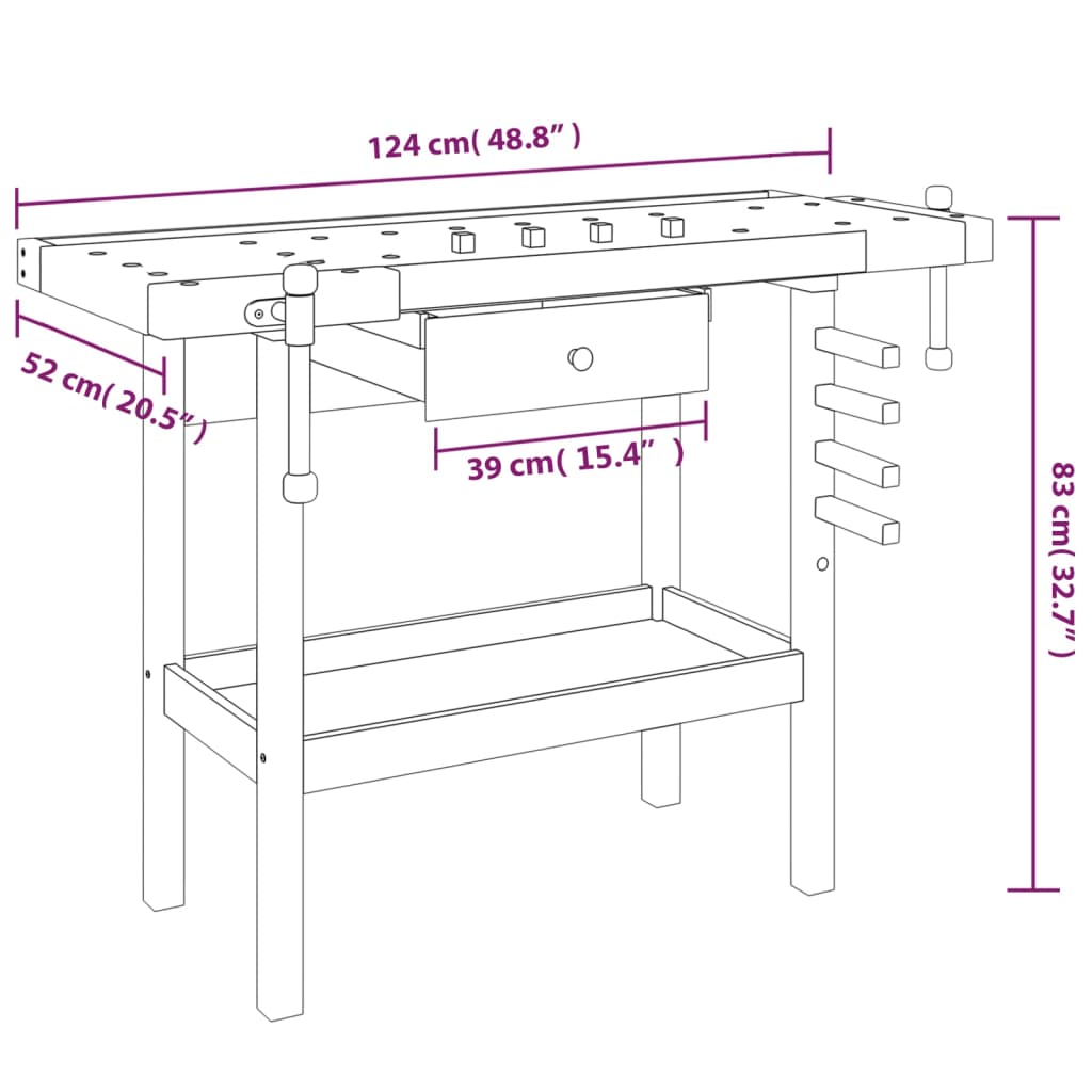 Werkbank Schubladen Schraubstöcken 124x52x83 cm Akazienholz massiv
