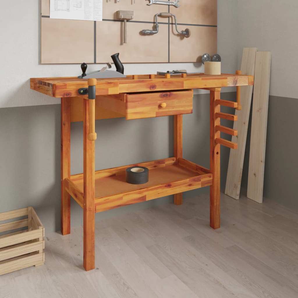 Werkbank Schubladen Schraubstöcken 124x52x83 cm Akazienholz massiv