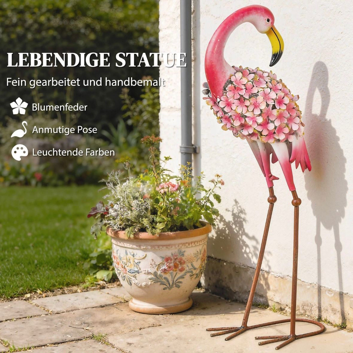 2x Flamingo Gartenstatuen Set Garten Metallvögel Dekoration