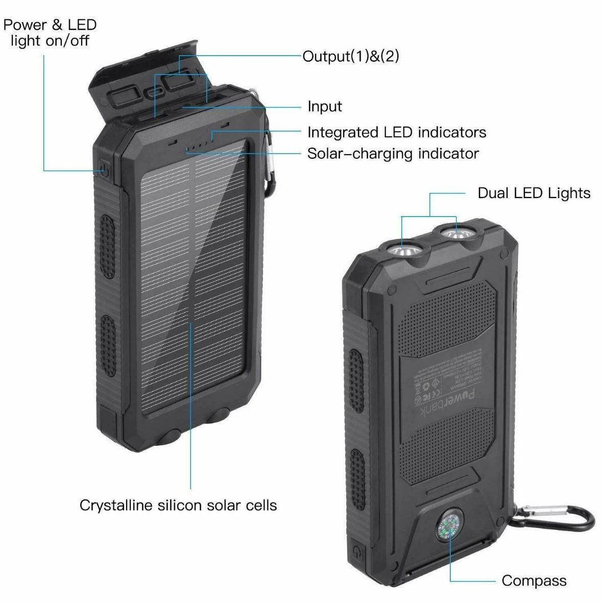 Solar Powerbank 30000mAh Ladegerät Batterie LED 2 USB