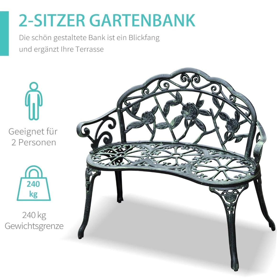 Metall Gartenbank Sitzbank Bank Gartenmöbel 2-Sitzer Blumenbank