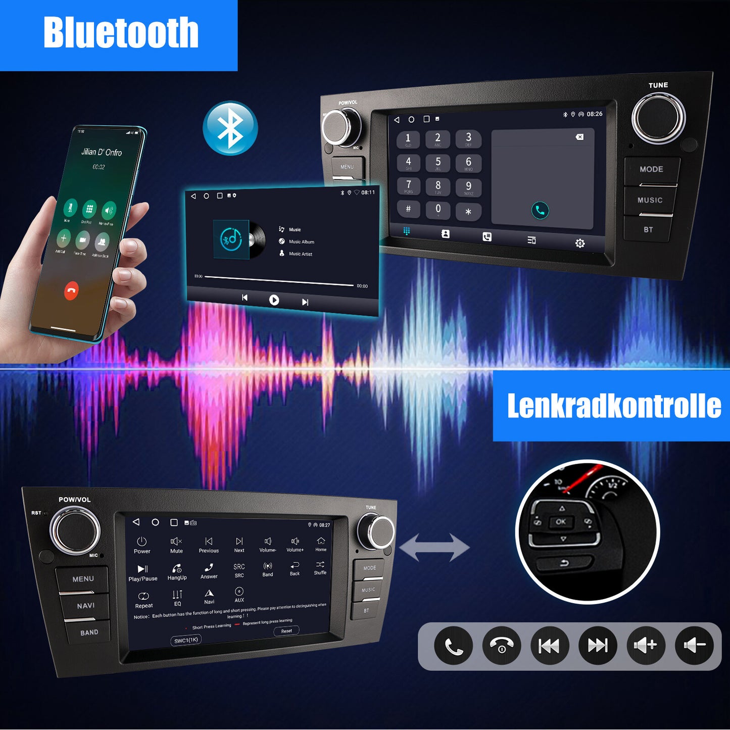 Autoradio 7 Zoll Android 14 CarPlay GPS Navi Touchscreen 2 +32GB 2DIN E90 E91