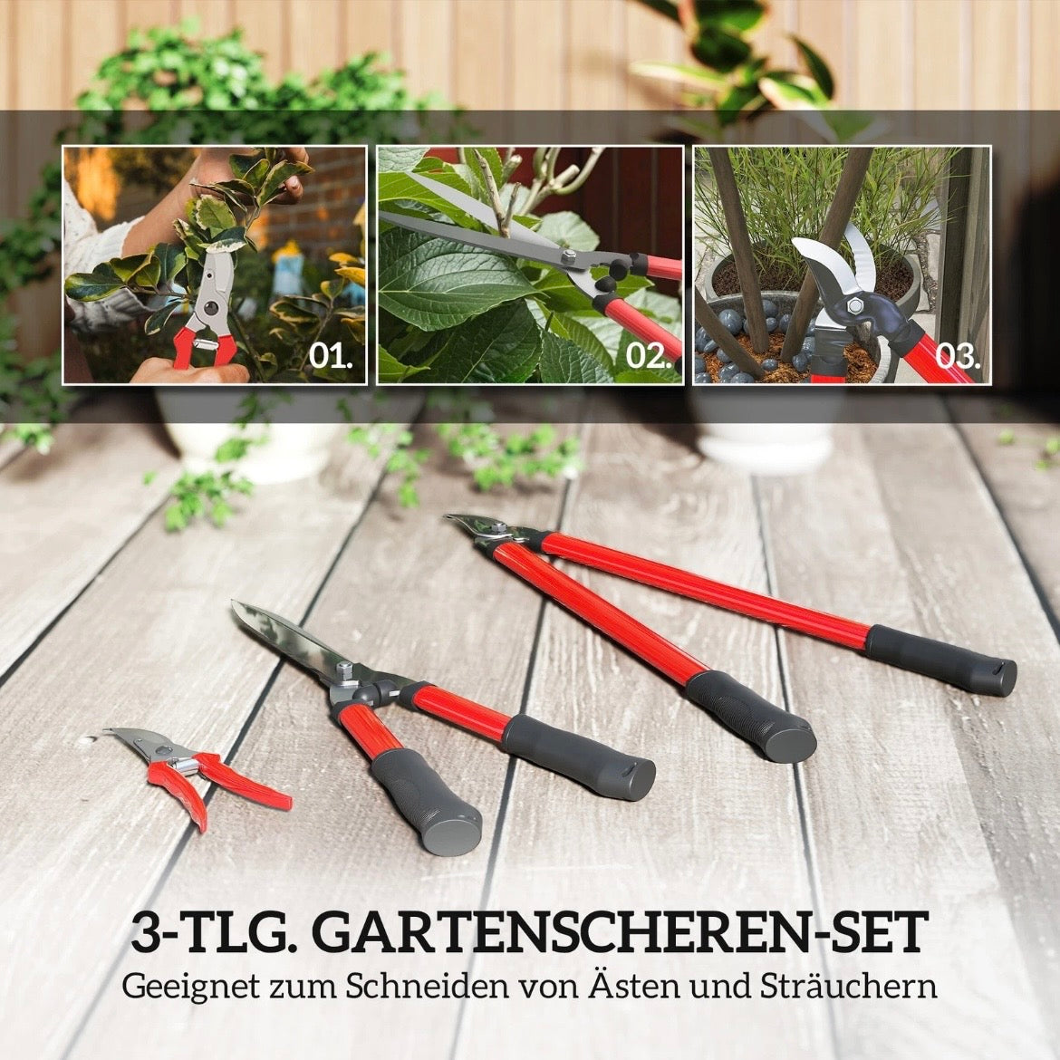 Heckenschere Set 3-teilig Gartenschere Astschere Stahlklinge