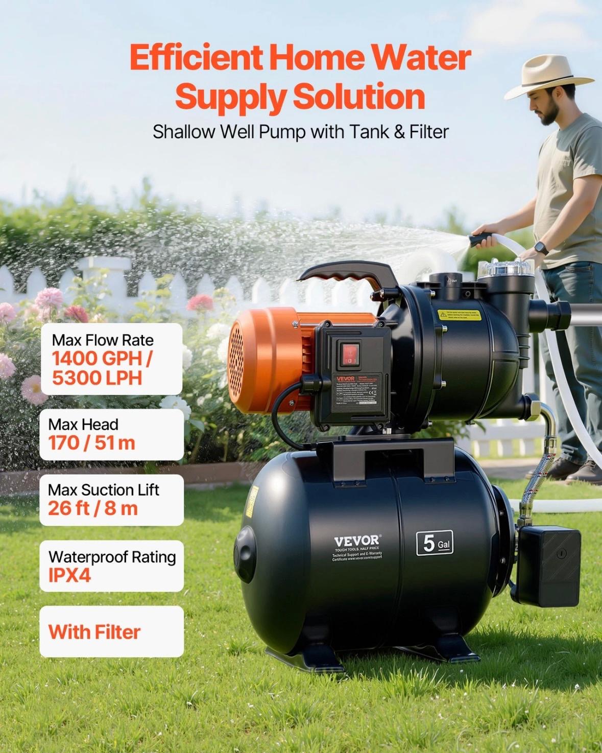 1100W Flachbrunnenpumpe mit Druckbehälter 5300 l/h Jetpumpe mit Filter