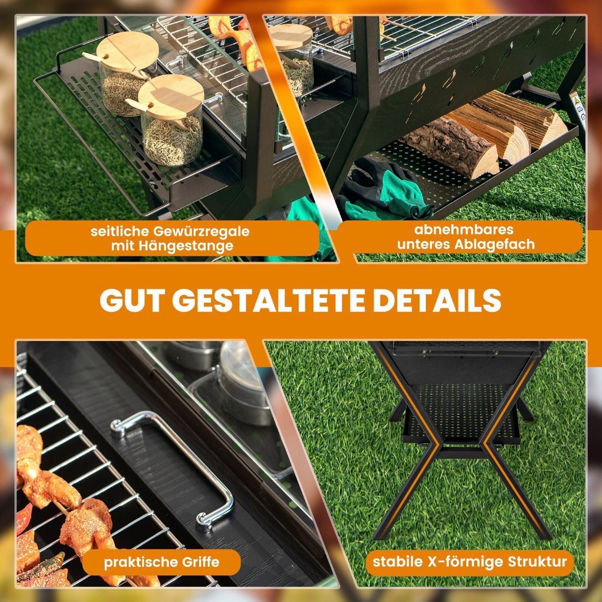 Holzkohlegrill Würzregalen Grillwagen Campinggrill BBQ Edelstahl Grill