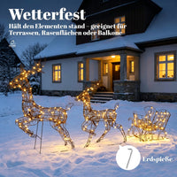 Rentier Schlitten Set beleuchtet Polyrattan LED Weihnachtsdeko Timer