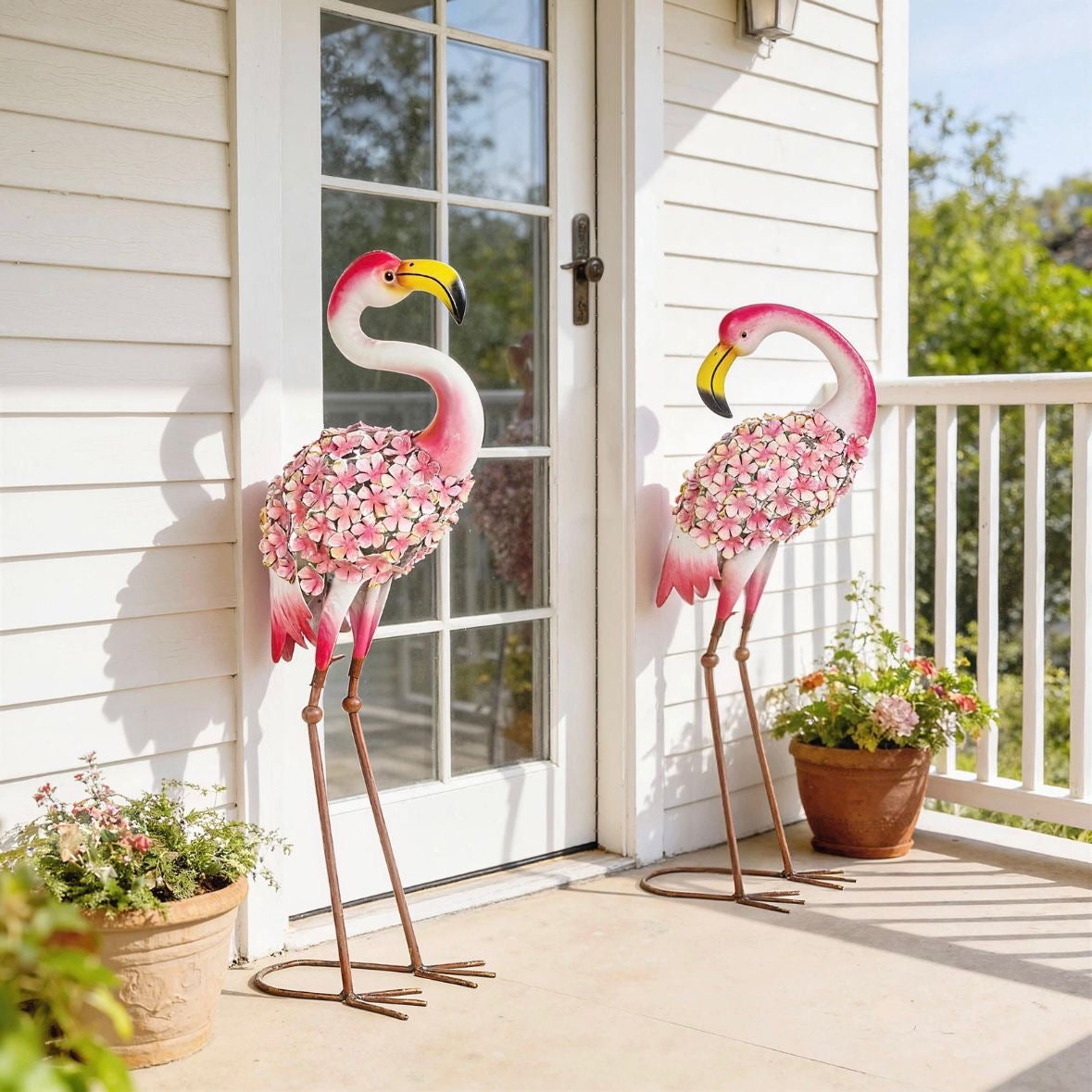 2x Flamingo Gartenstatuen Set Garten Metallvögel Dekoration