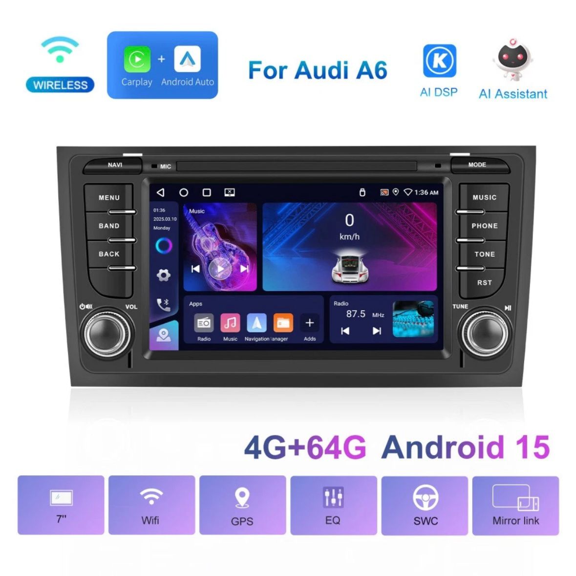 Autoradio für AUDI A6 C5 1997-2004 Android 15 GPS WIFI 4G+64G RDS