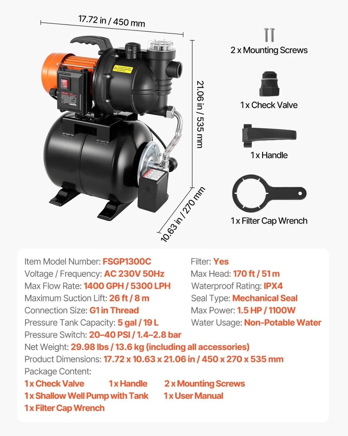 1100W Flachbrunnenpumpe mit Druckbehälter 5300 l/h Jetpumpe mit Filter
