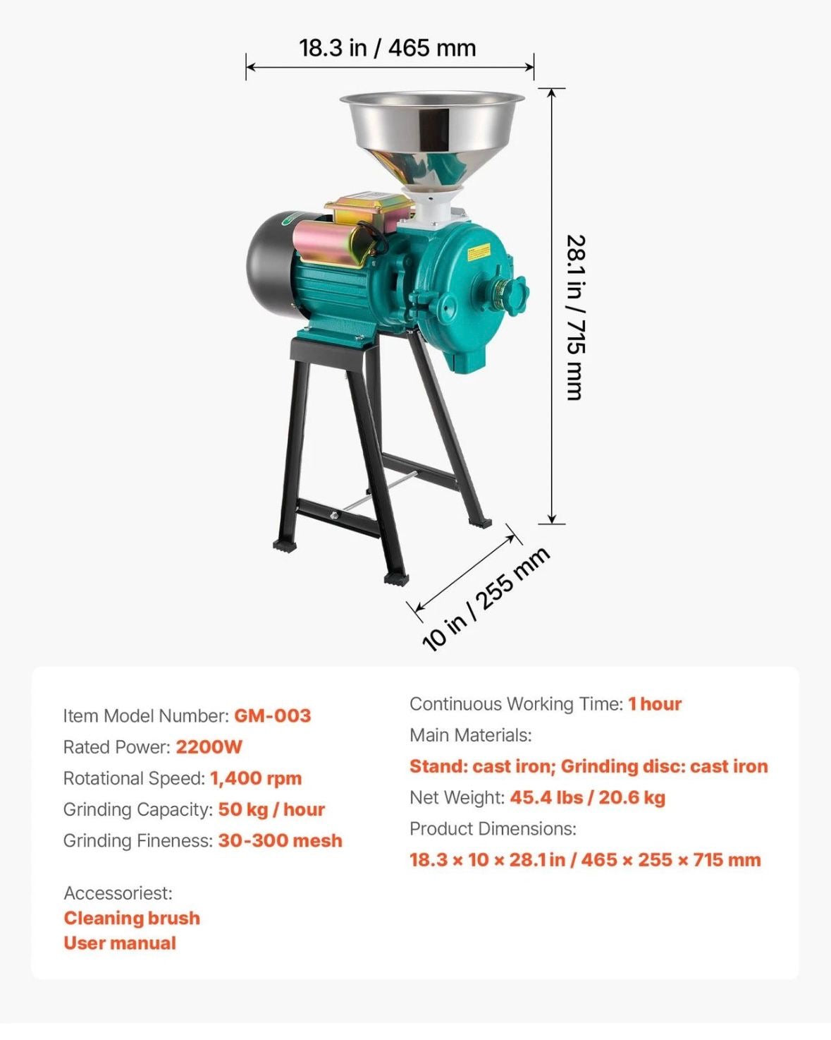 Elektrische Getreidemühle 50kg/h Gewerbliche Gewürzmühle 2200W