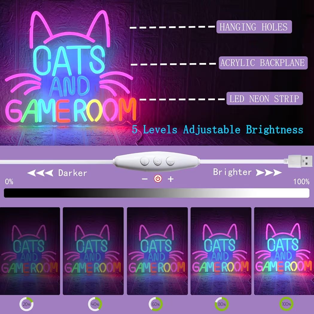 LED Neon Schild Cats and Gameroom Neonlicht USB Zimmer