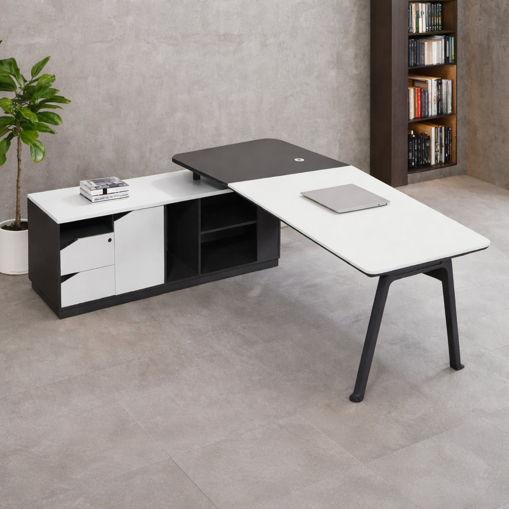 Chef-Schreibtisch 220×180cm Managerschreibtisch Weiß Anthrazit mit Kunstleder