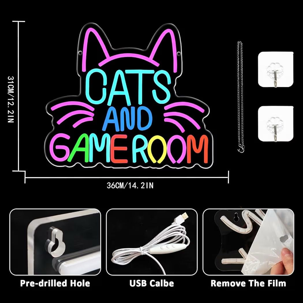 LED Neon Schild Cats and Gameroom Neonlicht USB Zimmer