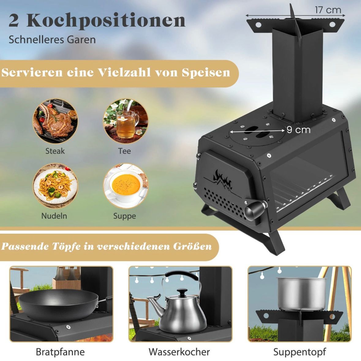 Raketenofen Outdoor Holzofen Campingofen Garten Camping 2 Kochflächen
