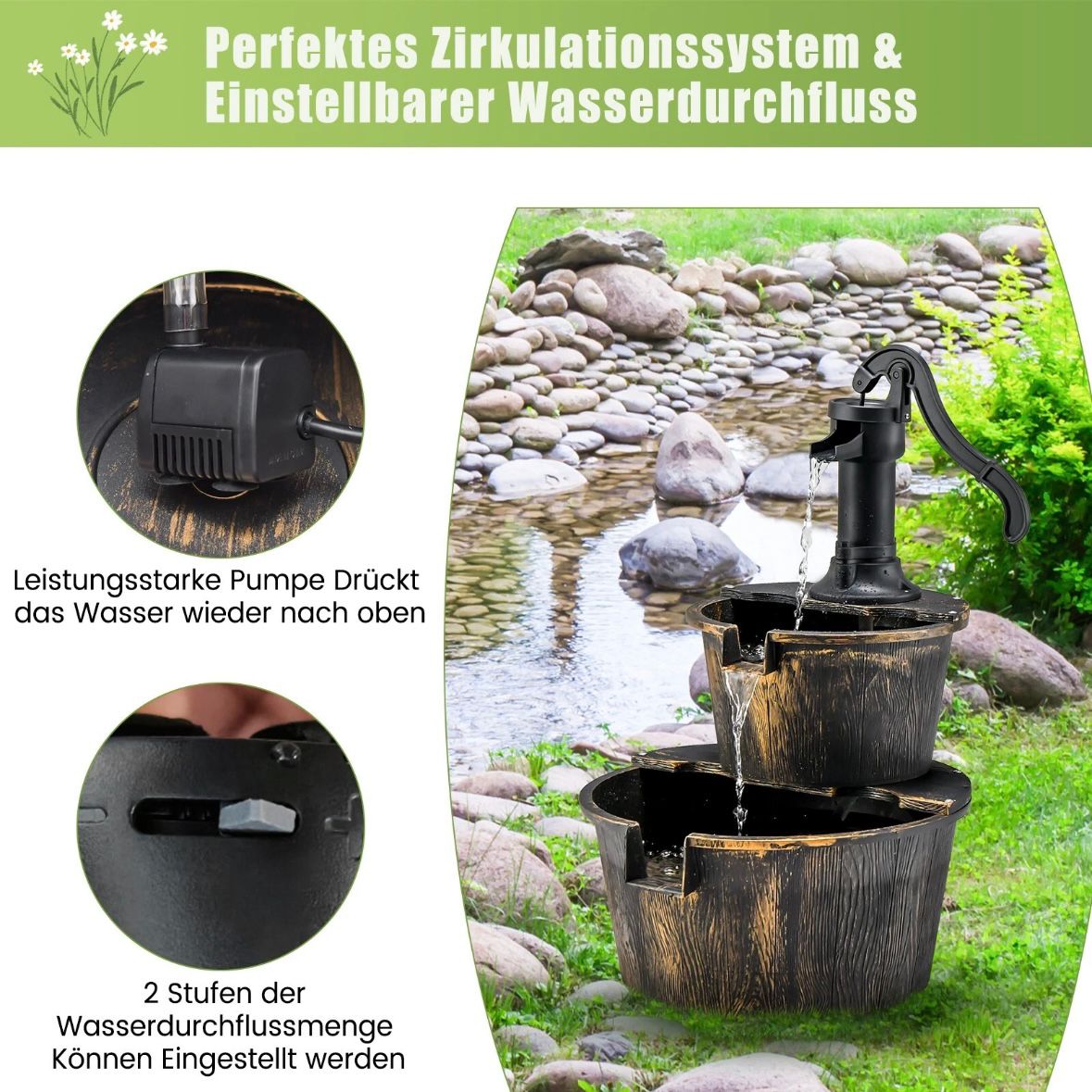 Dekobrunnen Gartenbrunnen Wasserpumpe Blumenkübel