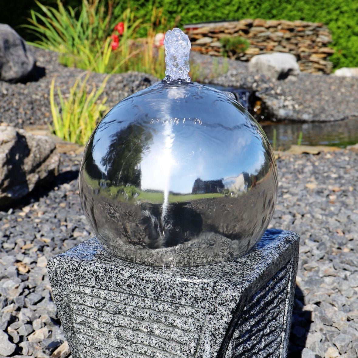 Granit Stein Springbrunnen Edelstahlkugel LED Brunnen