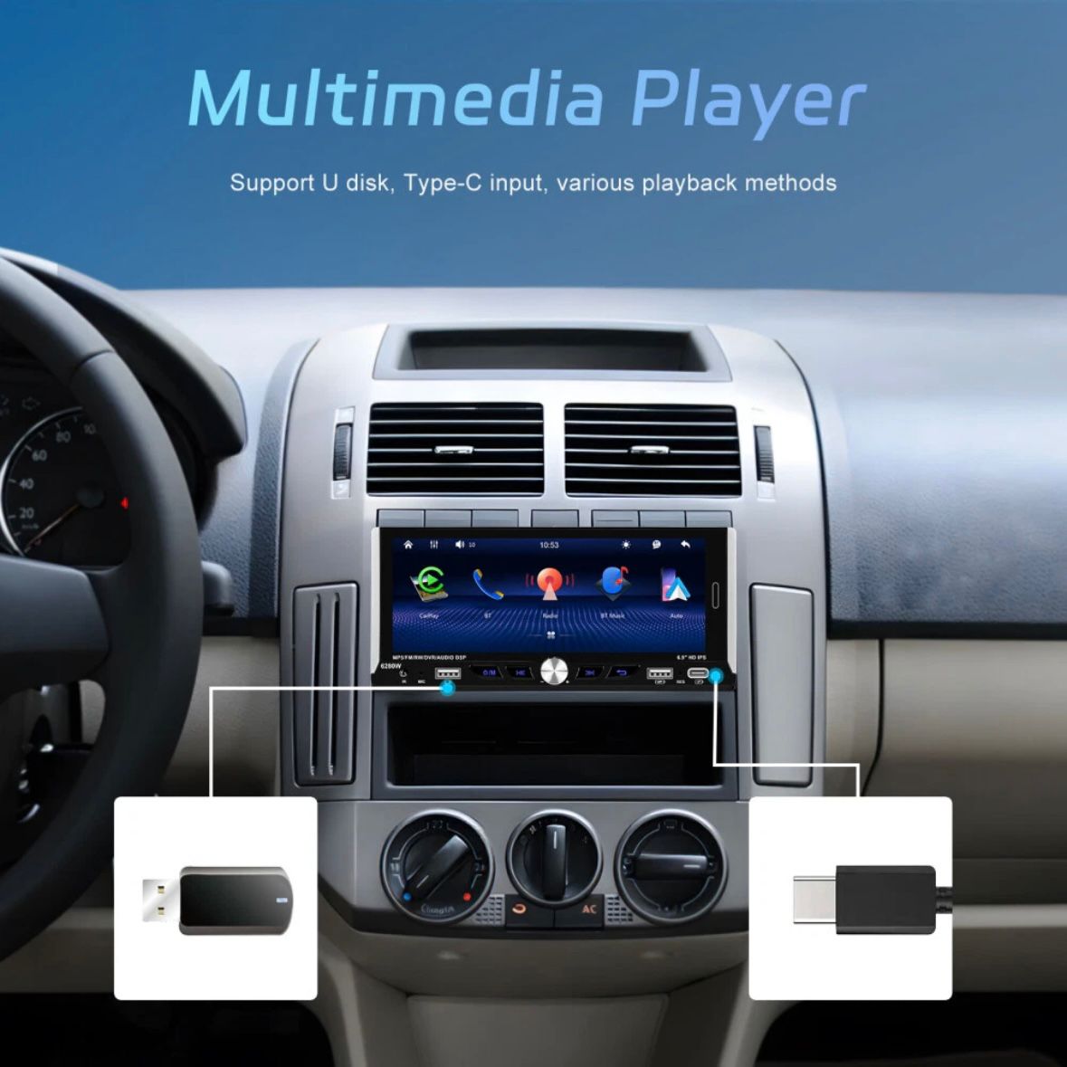 Single 1DIN 6.9" Autoradio Apple CarPlay Android Bluetooth USB