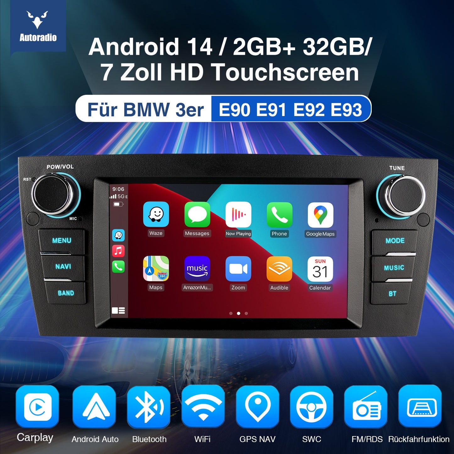 Autoradio 7 Zoll Android 14 CarPlay GPS Navi Touchscreen 2 +32GB 2DIN E90 E91