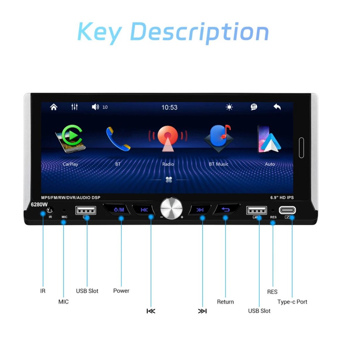 Single 1DIN 6.9" Autoradio Apple CarPlay Android Bluetooth USB