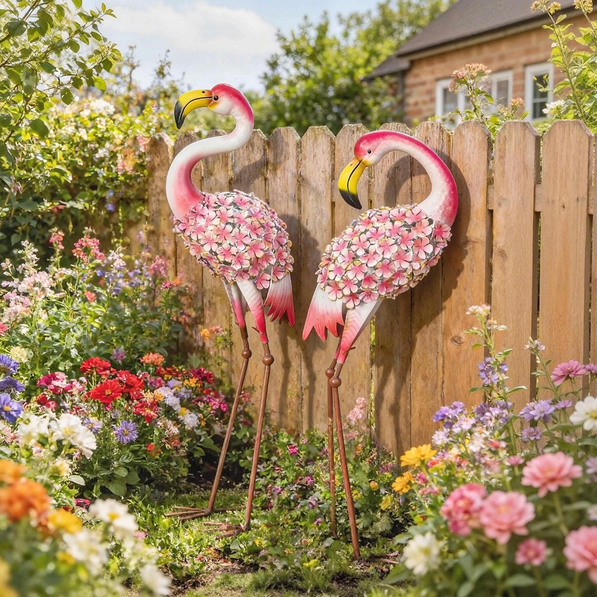 2x Flamingo Gartenstatuen Set Garten Metallvögel Dekoration