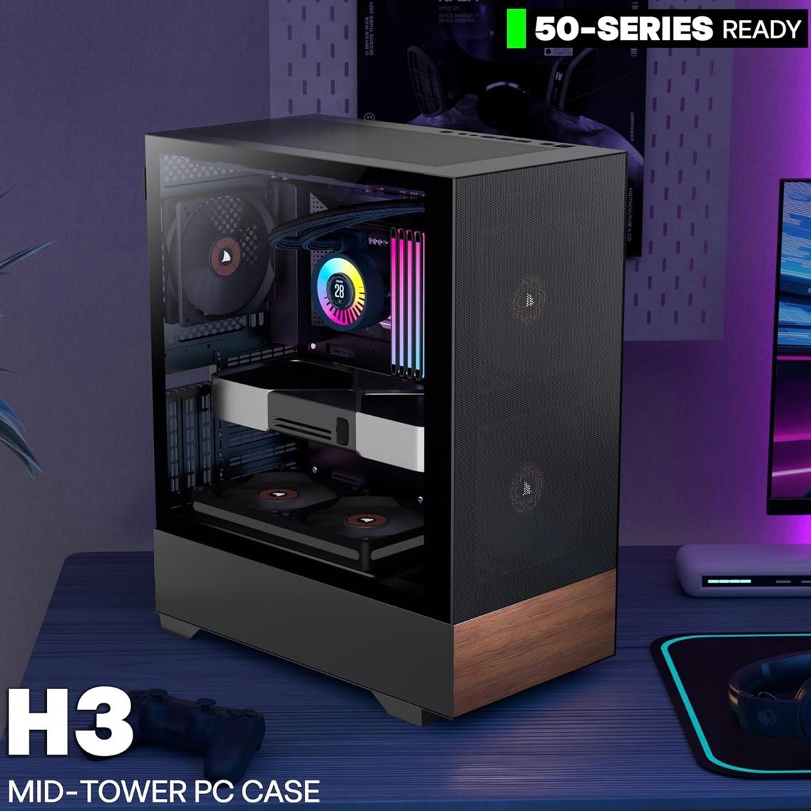 H3 ATX Gaming PC Gehäuse Temperglas Computer