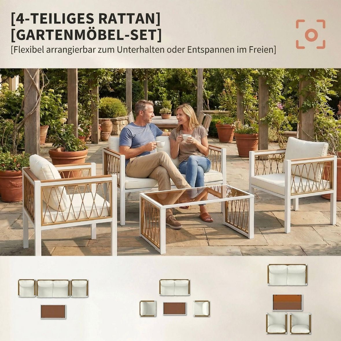 4x Gartenmöbel Set Polyrattan Lounge-Set mit Zweisitzer 2 Sessel