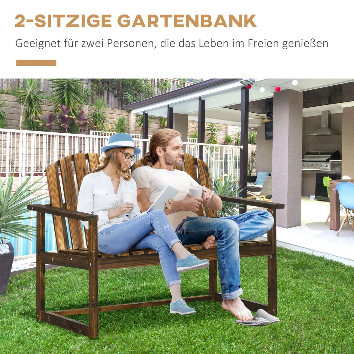 Gartenbank 2 Sitzer Sitzbank Holzbank Rückenlehne Armlehne