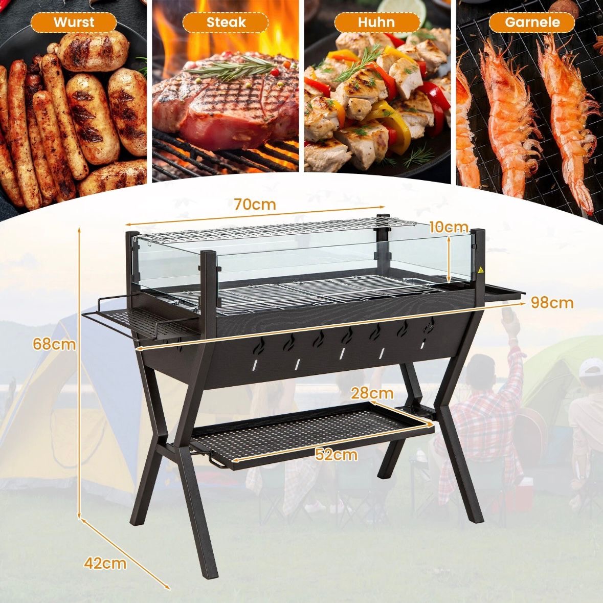 Holzkohlegrill Würzregalen Grillwagen Campinggrill BBQ Edelstahl Grill