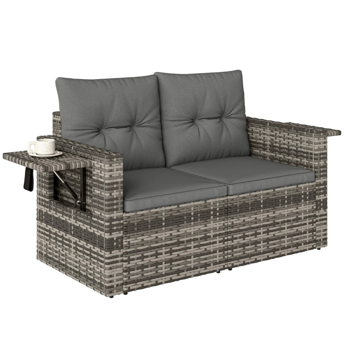 2-Sitzer Rattansofa Klappbar Seitentabletts Loungesofa Sitzgruppe