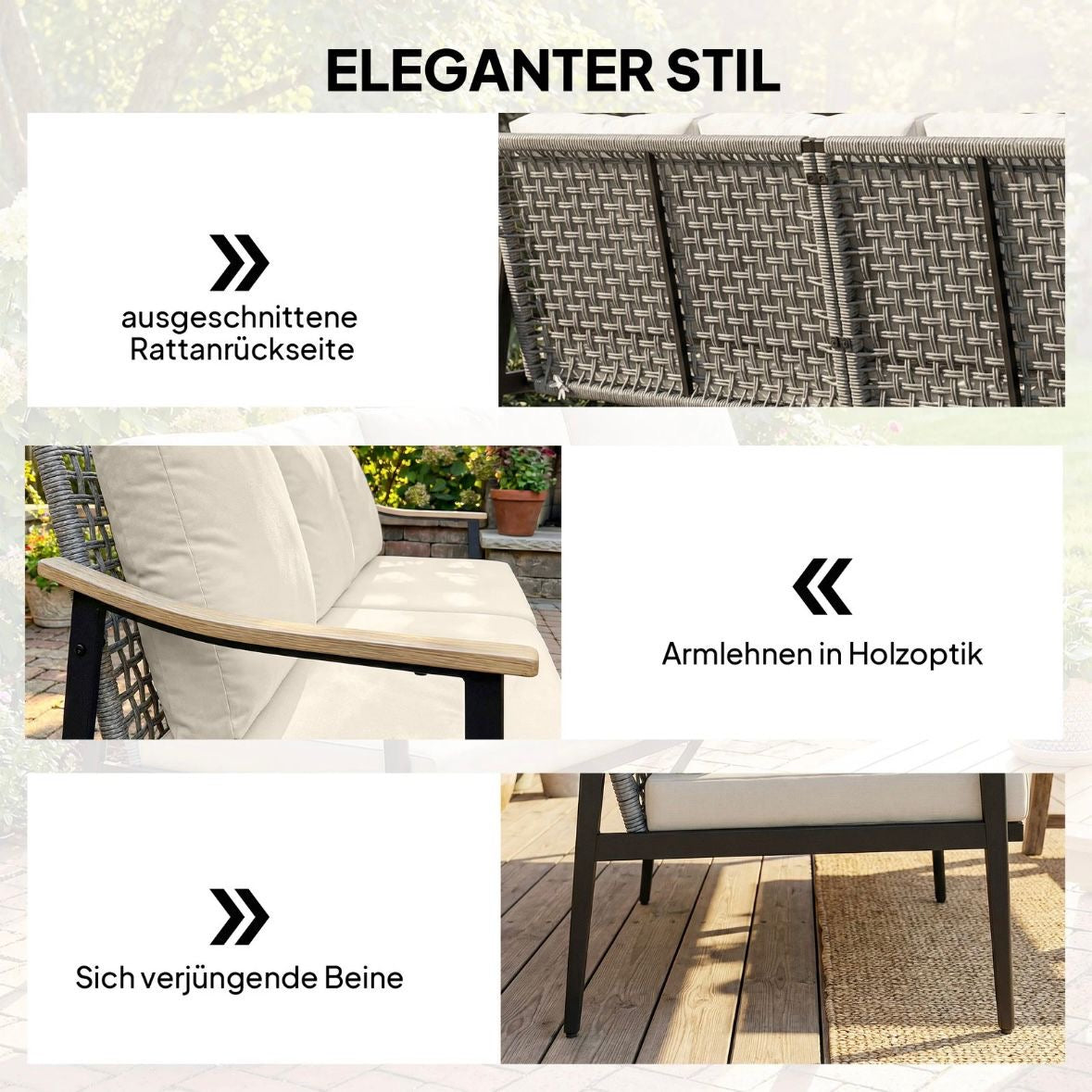 Gartensofa 3 Sitzer Rattan Loungesofa mit Kissen