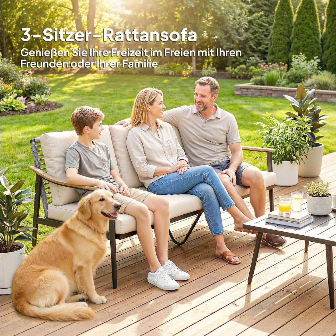 Gartensofa 3 Sitzer Rattan Loungesofa mit Kissen