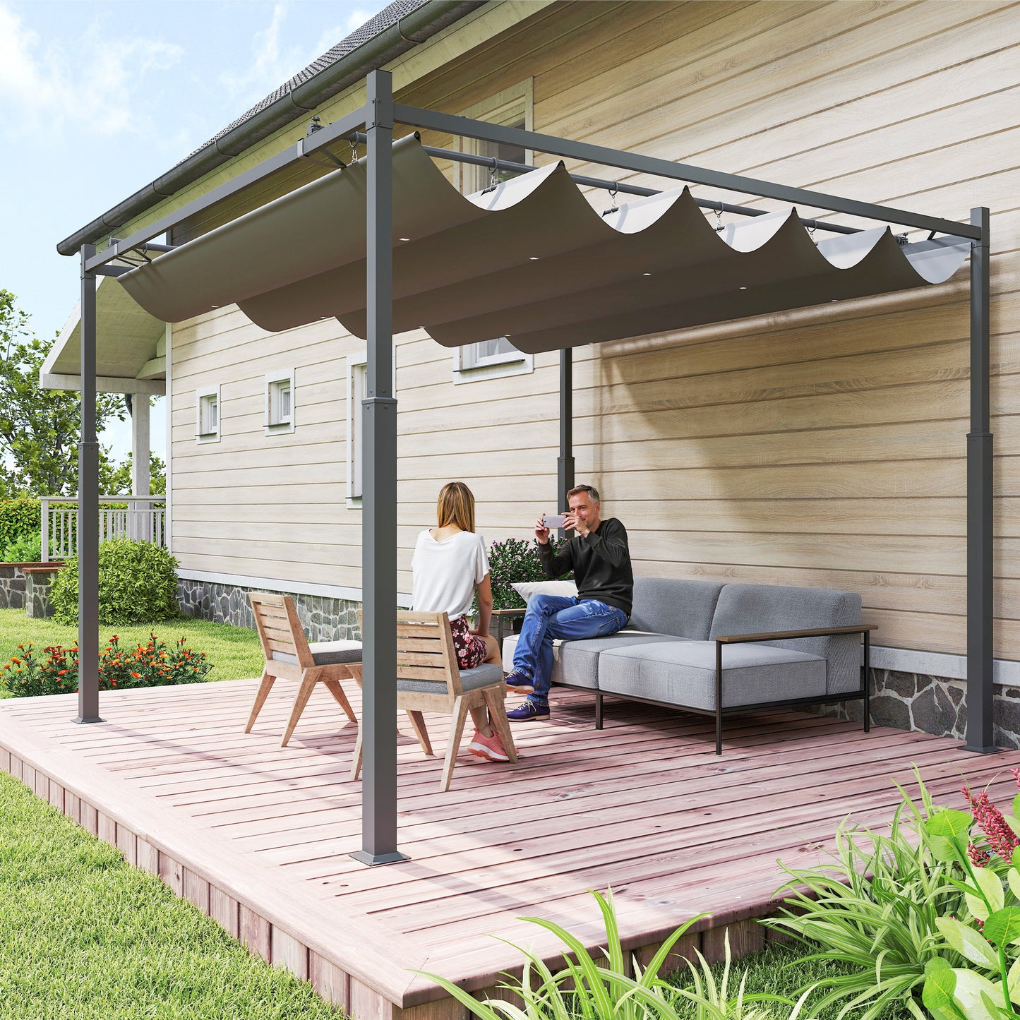 Pergola 3x3 m Freistehend Terrassenüberdachung Schiebedach UV-beständig