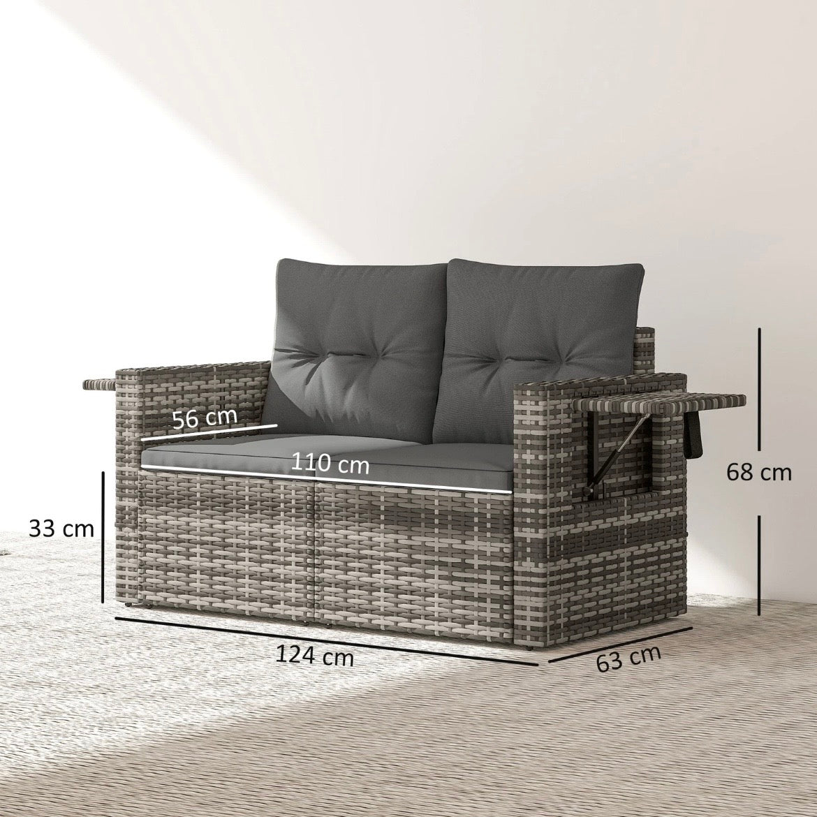 2-Sitzer Rattansofa Klappbar Seitentabletts Loungesofa Sitzgruppe