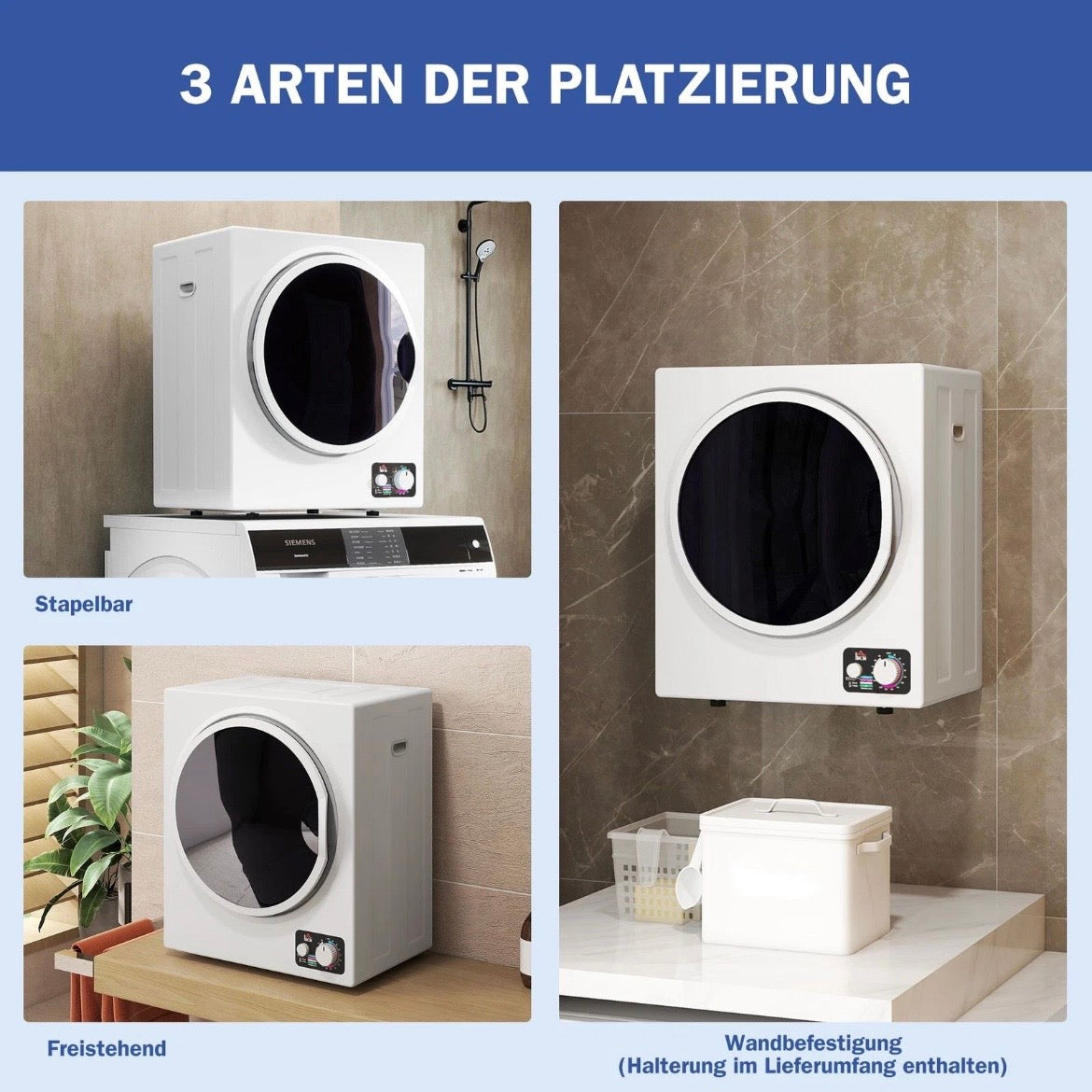 Mini Wäschetrockner 4kg 4 Programme 65°C 850W Wäsche Waschen