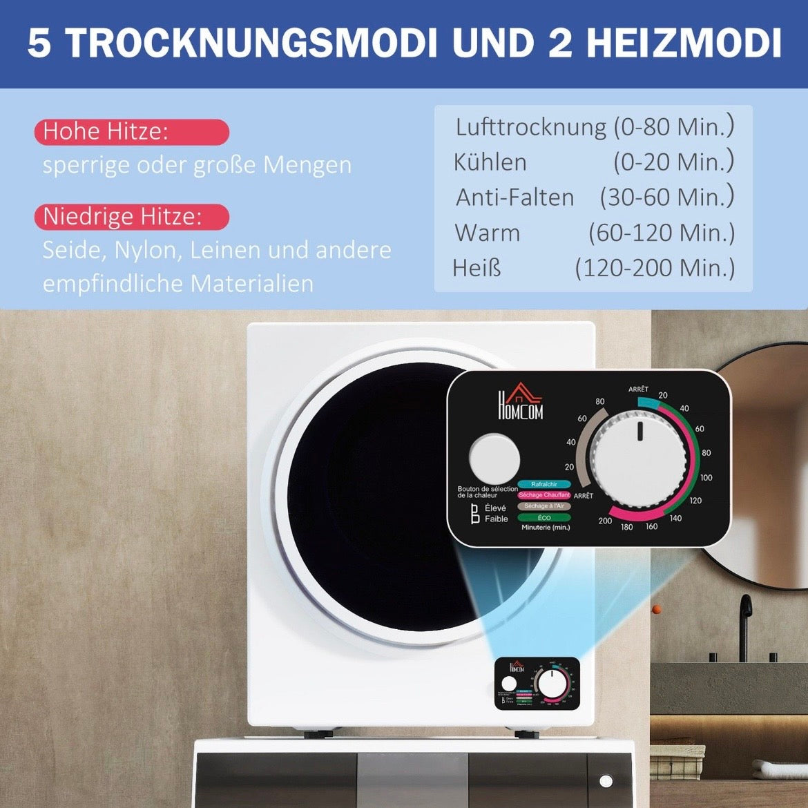 Mini Wäschetrockner 4kg 4 Programme 65°C 850W Wäsche Waschen