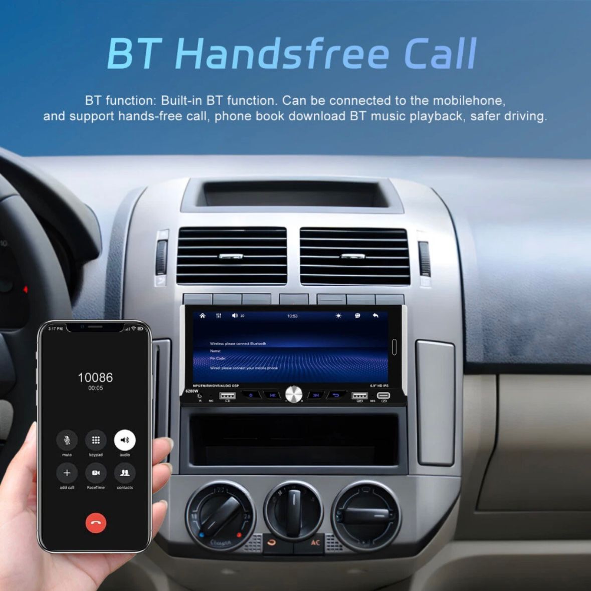 Single 1DIN 6.9" Autoradio Apple CarPlay Android Bluetooth USB