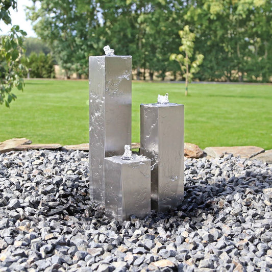 Edelstahl Springbrunnen eckig LED 3 Säulenbrunnen Gartenbrunnen