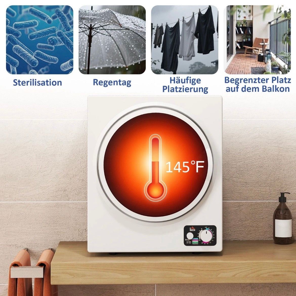 Mini Wäschetrockner 4kg 4 Programme 65°C 850W Wäsche Waschen