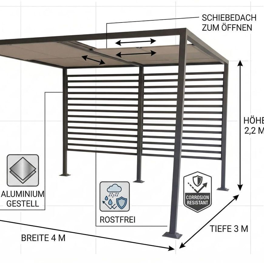 Gartenpavillon Pergola 3x4m Schiebedach Terrassenüberdachung Sonnenschutz