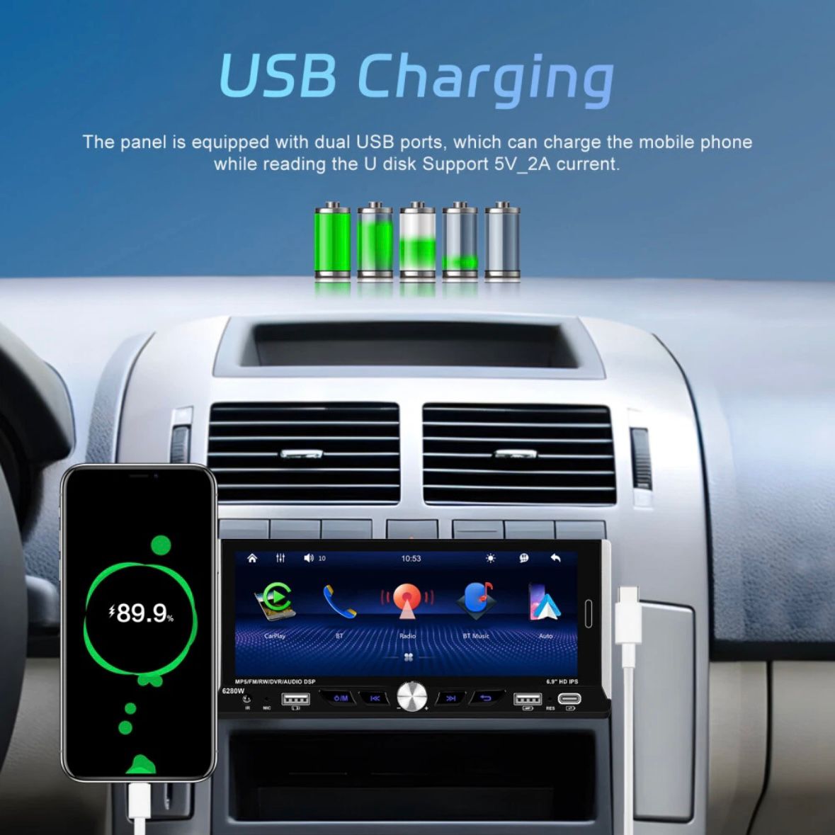 Single 1DIN 6.9" Autoradio Apple CarPlay Android Bluetooth USB
