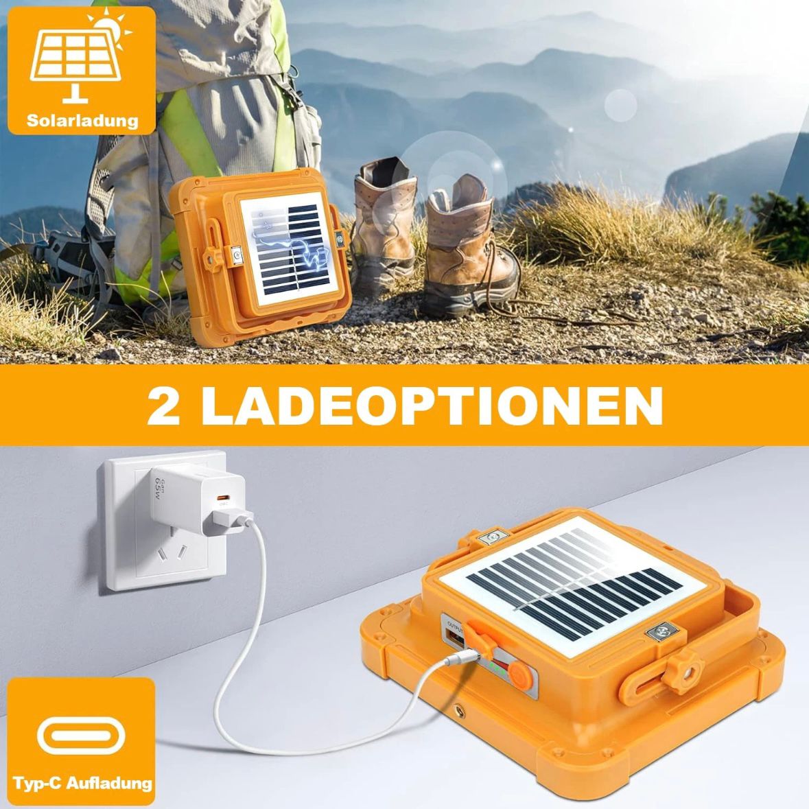 2x LED Solar Arbeitsleuchte Akku Aufladbar Baustrahler Flutlicht