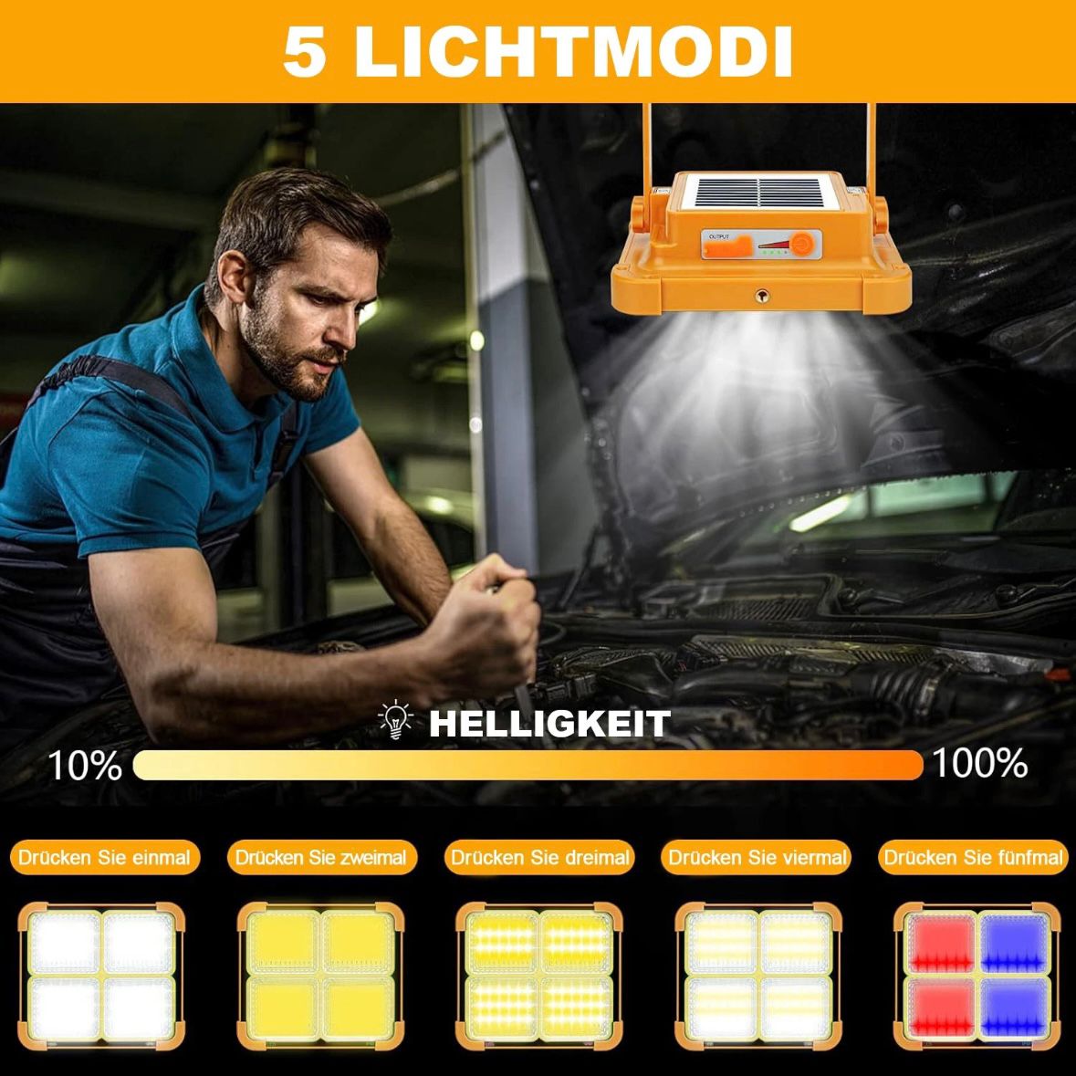 2x LED Solar Arbeitsleuchte Akku Aufladbar Baustrahler Flutlicht